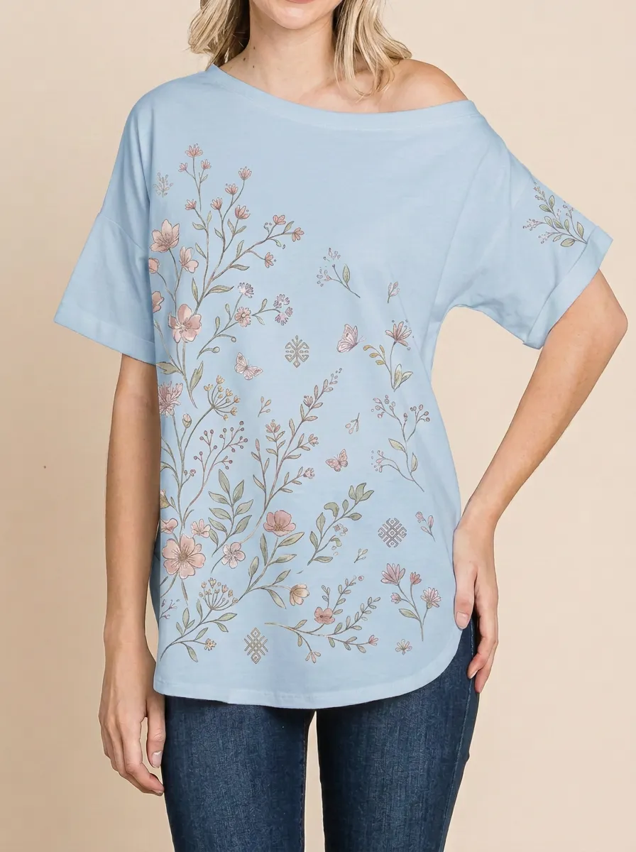 Women's Botanical Butterfly Floral Printed Off-Shoulder Top