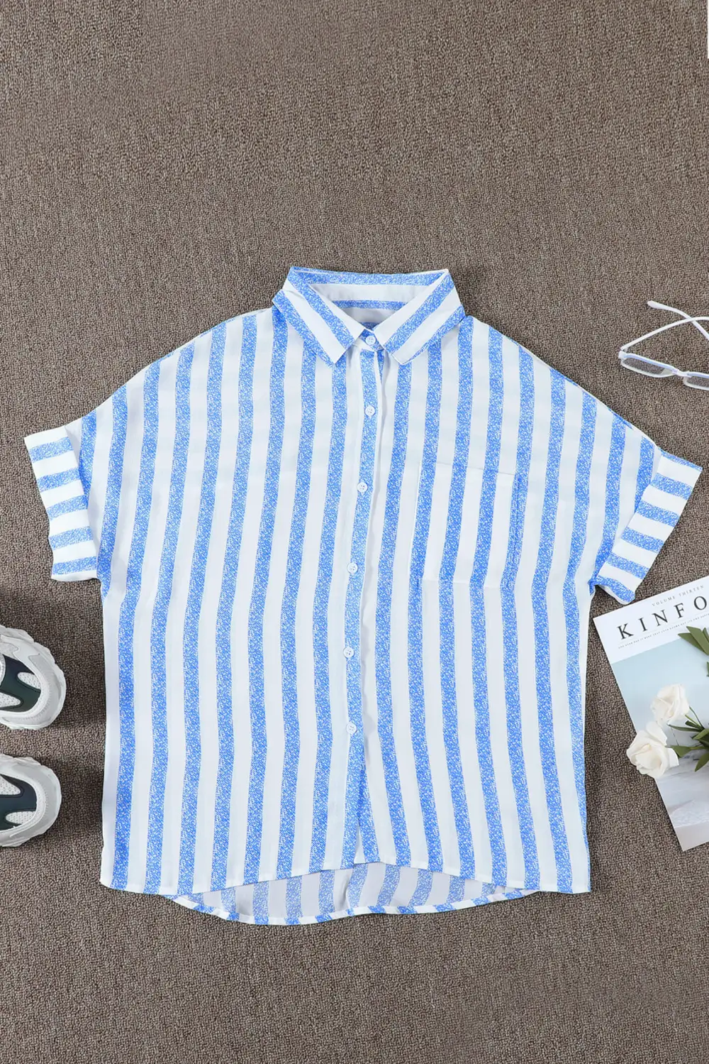 V Neck Stripes Roll Up Shirt