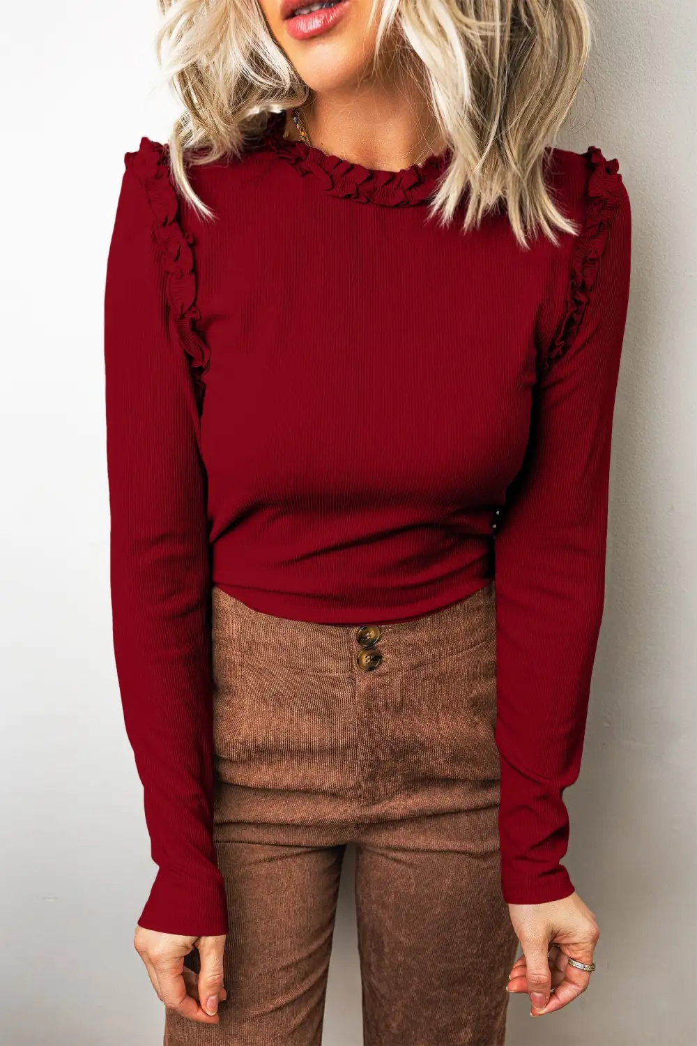 Solid Round Neck Long Sleeve Women's Top