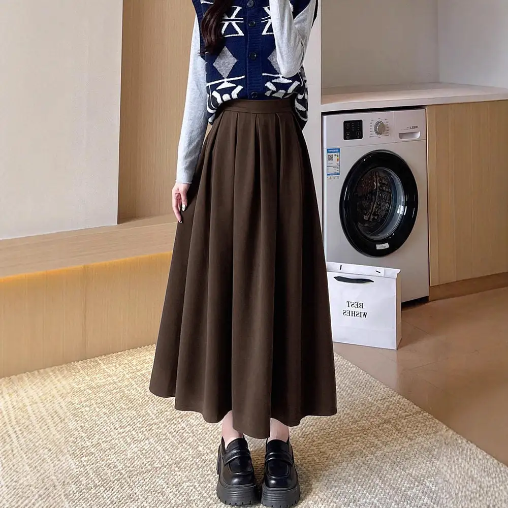 Classic High Waist Wool A-Line Pleated Midi Skirt