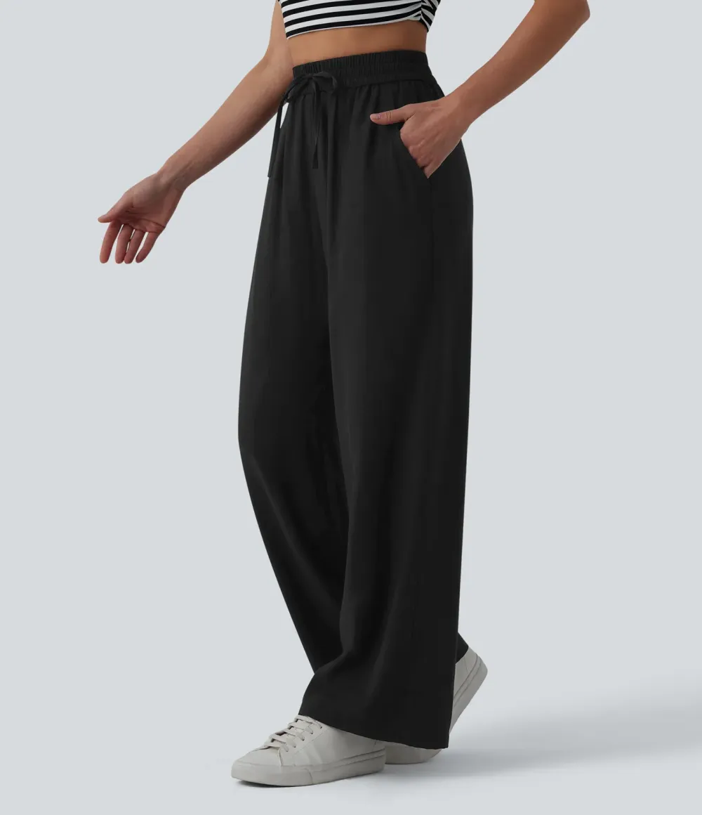 2026🔥High Waisted Drawstring Wide Leg Casual Linen-Blend Trousers with Pockets