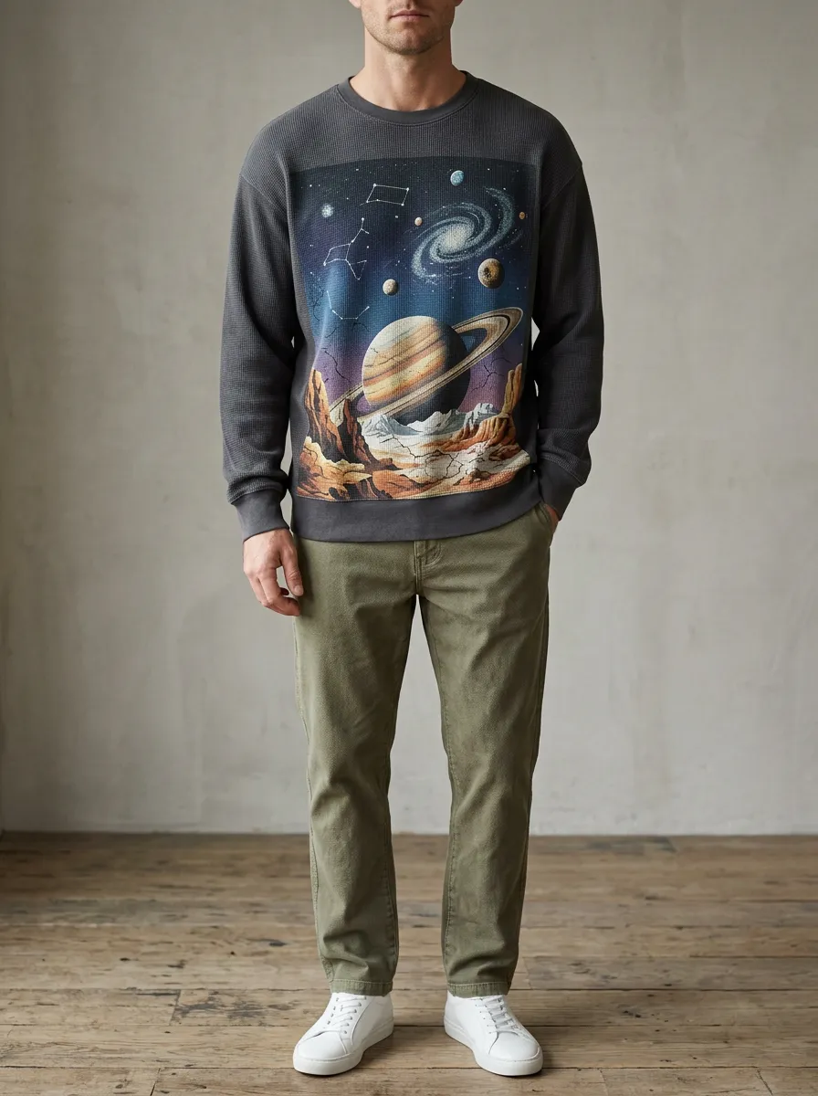 Men's Charcoal Graphic Waffle Crewneck Pullover Sweatshirt