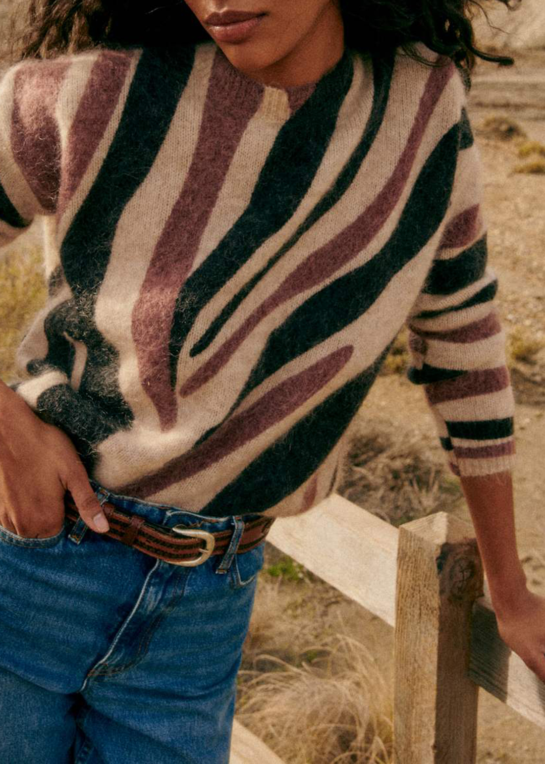 Zebra-Print Long-Sleeved Wool And Suede Pullover