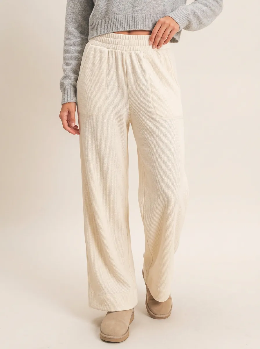 Women's Casual Lounge Waffle Knit Elastic Waist Wide Leg Pants