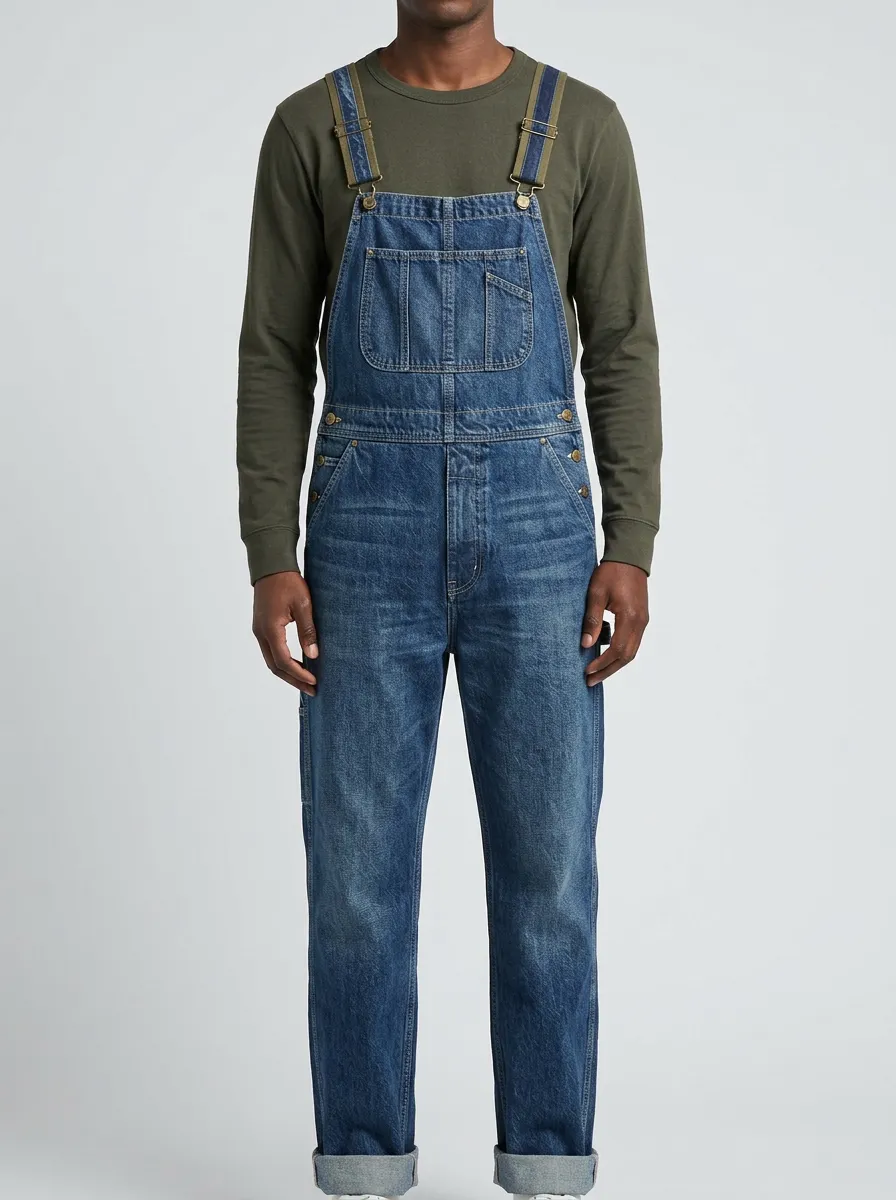 Men's Vintage Style Blue Denim Washed Bib Overalls