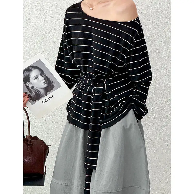 Off Shoulder Long Sleeve Tie Striped T-Shirt