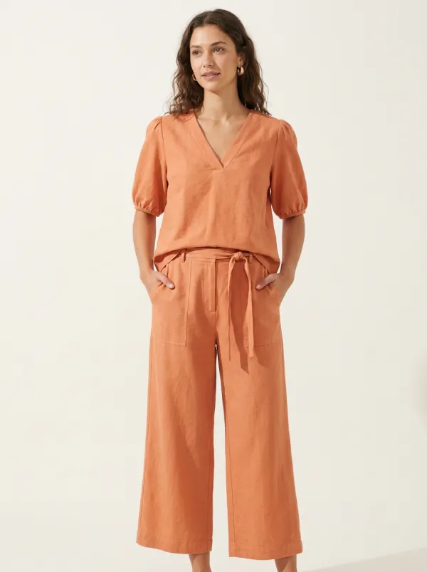 Puff-Sleeve Short-Sleeve Tie-Waist Women's V-Neck Shirt