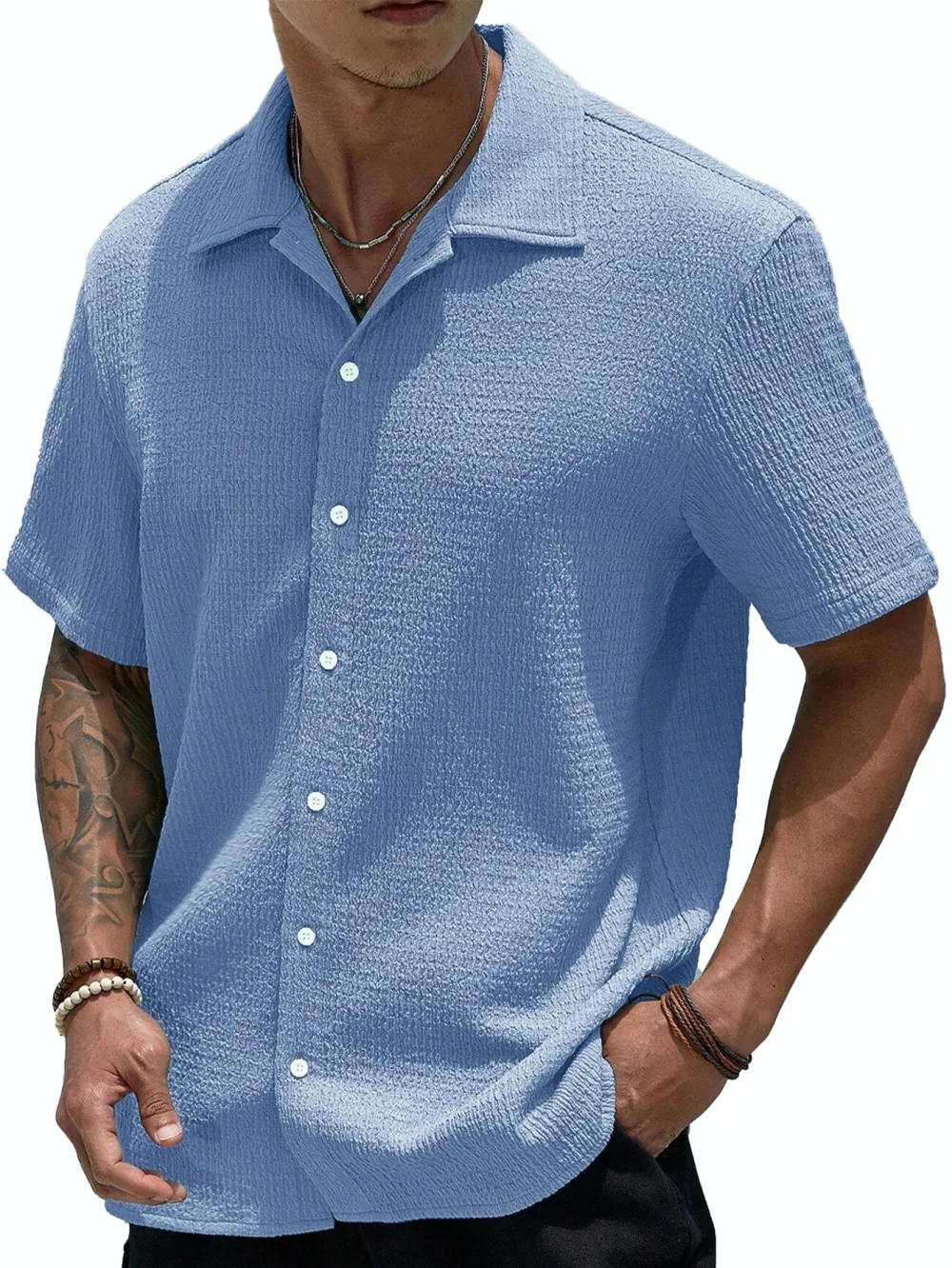 Short Sleeve Open Collar Pleated Front Shirt