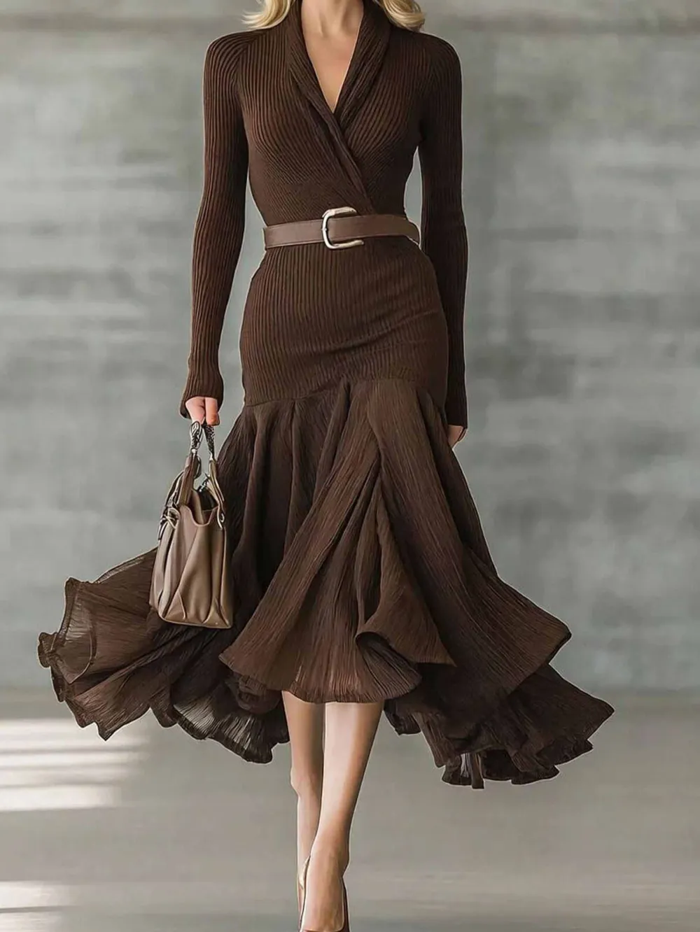 Casual V Neck Irregular Ruffle Midi Dress
