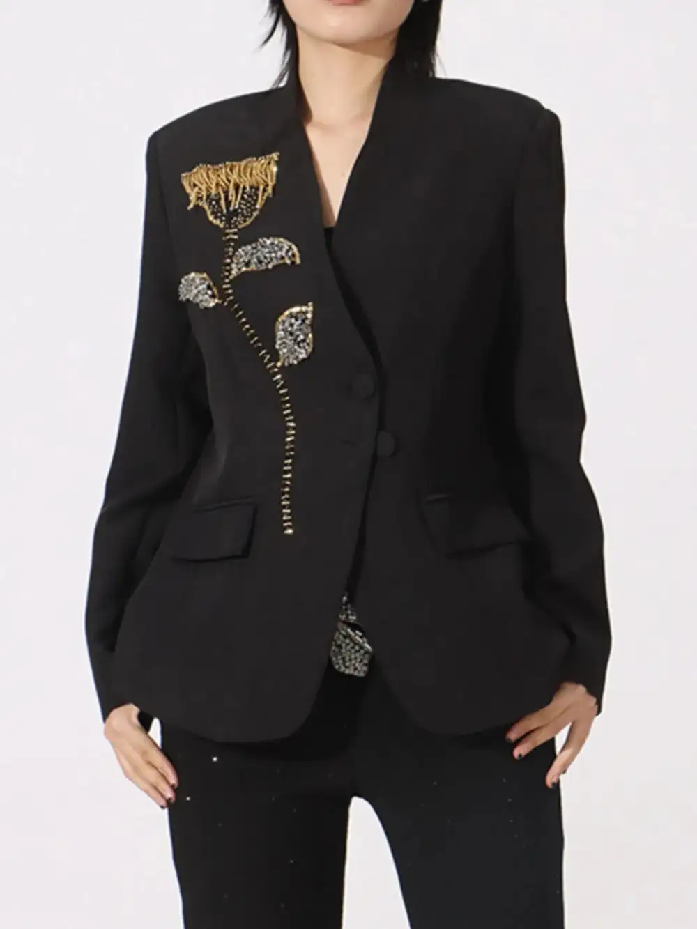 Button-Front Long-Sleeve Blazer