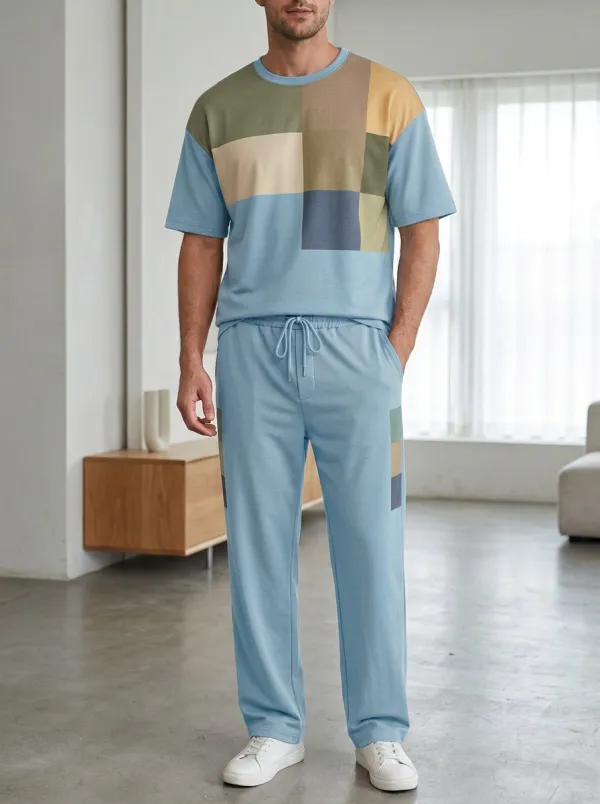 Men's Casual Colorblock Geometric Printed Lounge Set