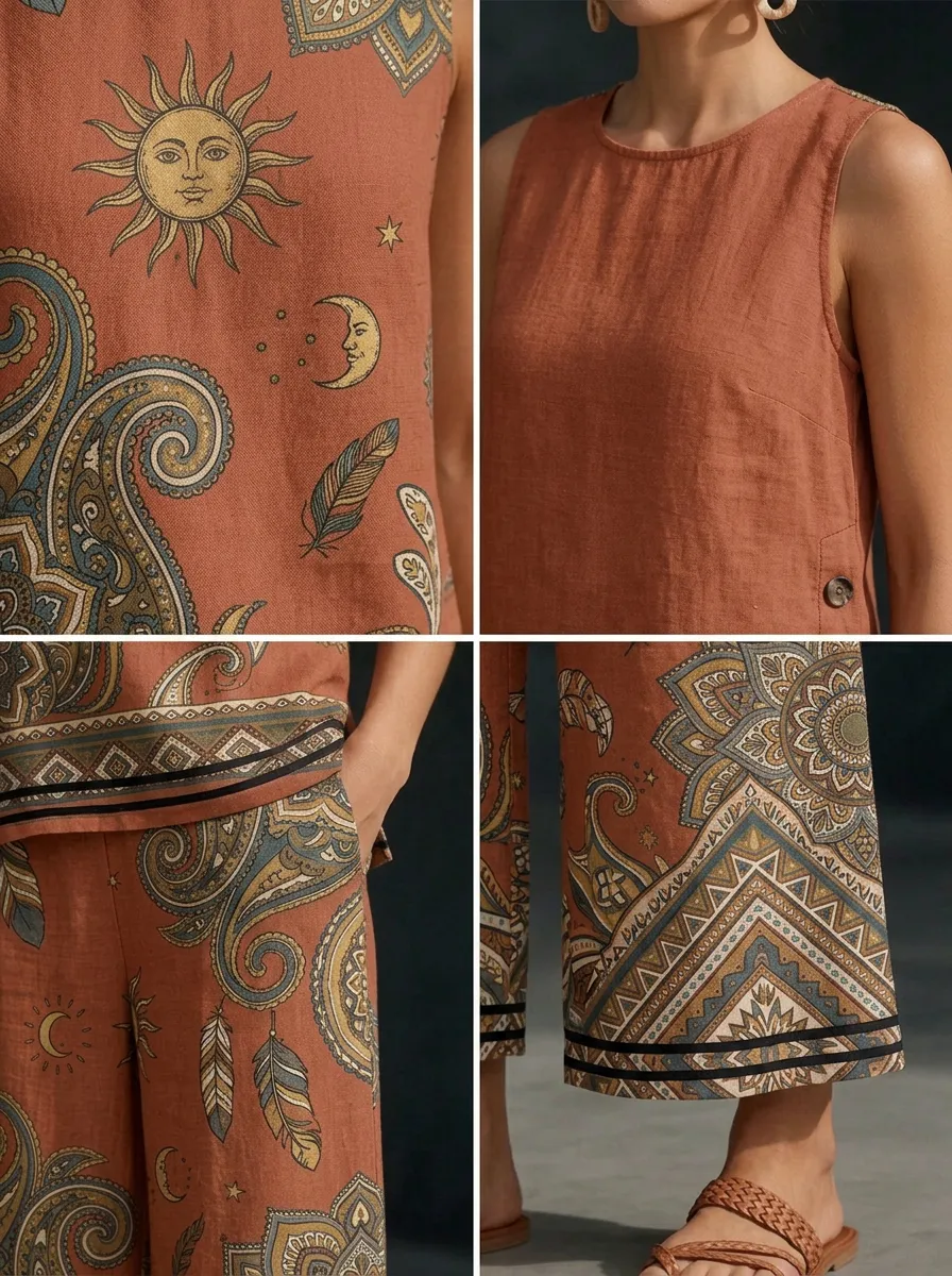 Women's Bohemian Sun Moon Paisley Printed Sleeveless Set