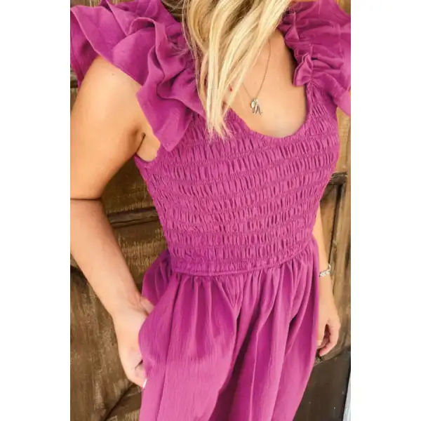 Solid Color Ruffled Straps Smocked Ruched Maxi Dress