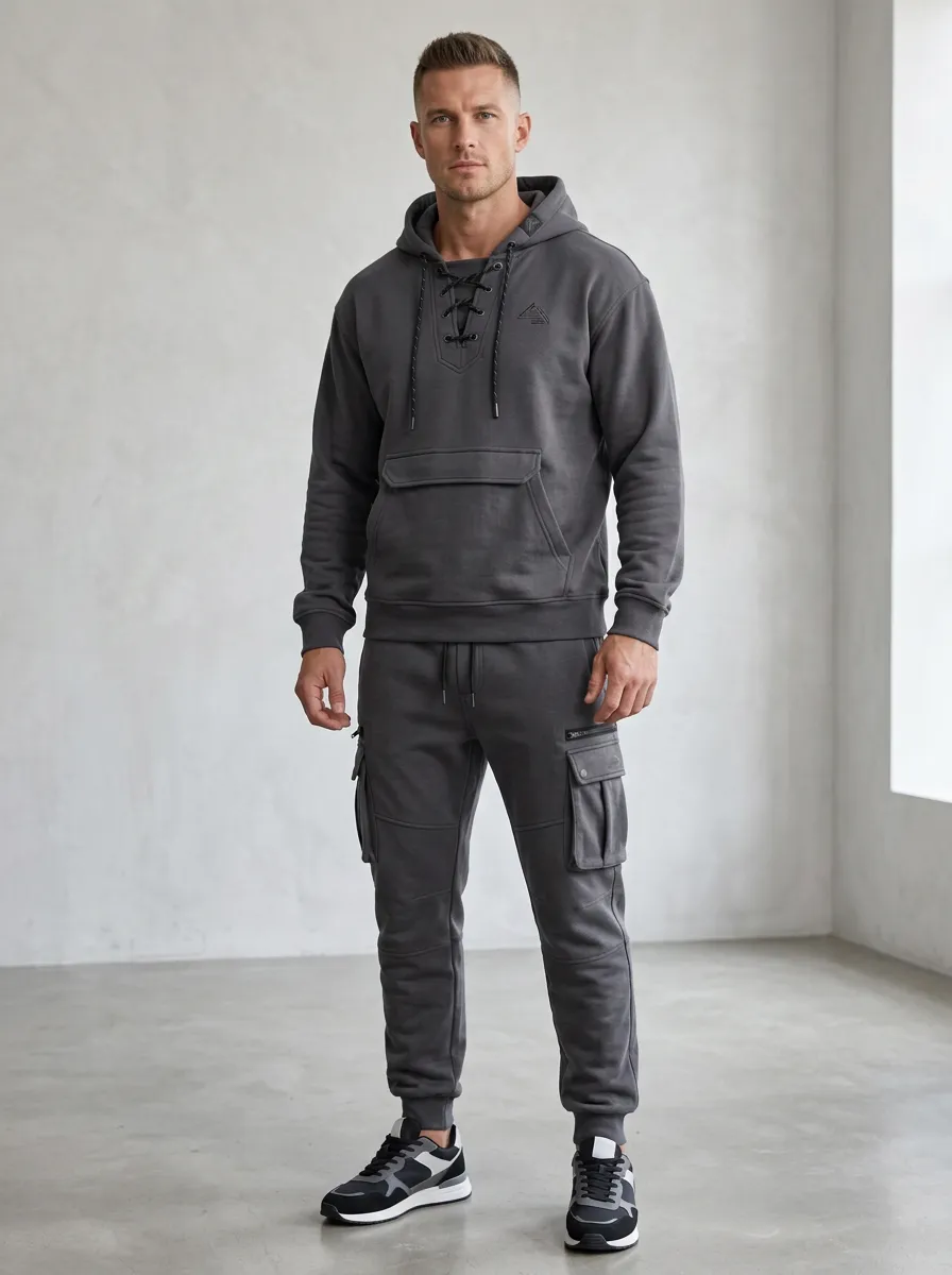 Trail-Inspired Lace-Up Multi Pocket Heritage Look Men's Lace Up Hoodie And Cargo Jogger Set