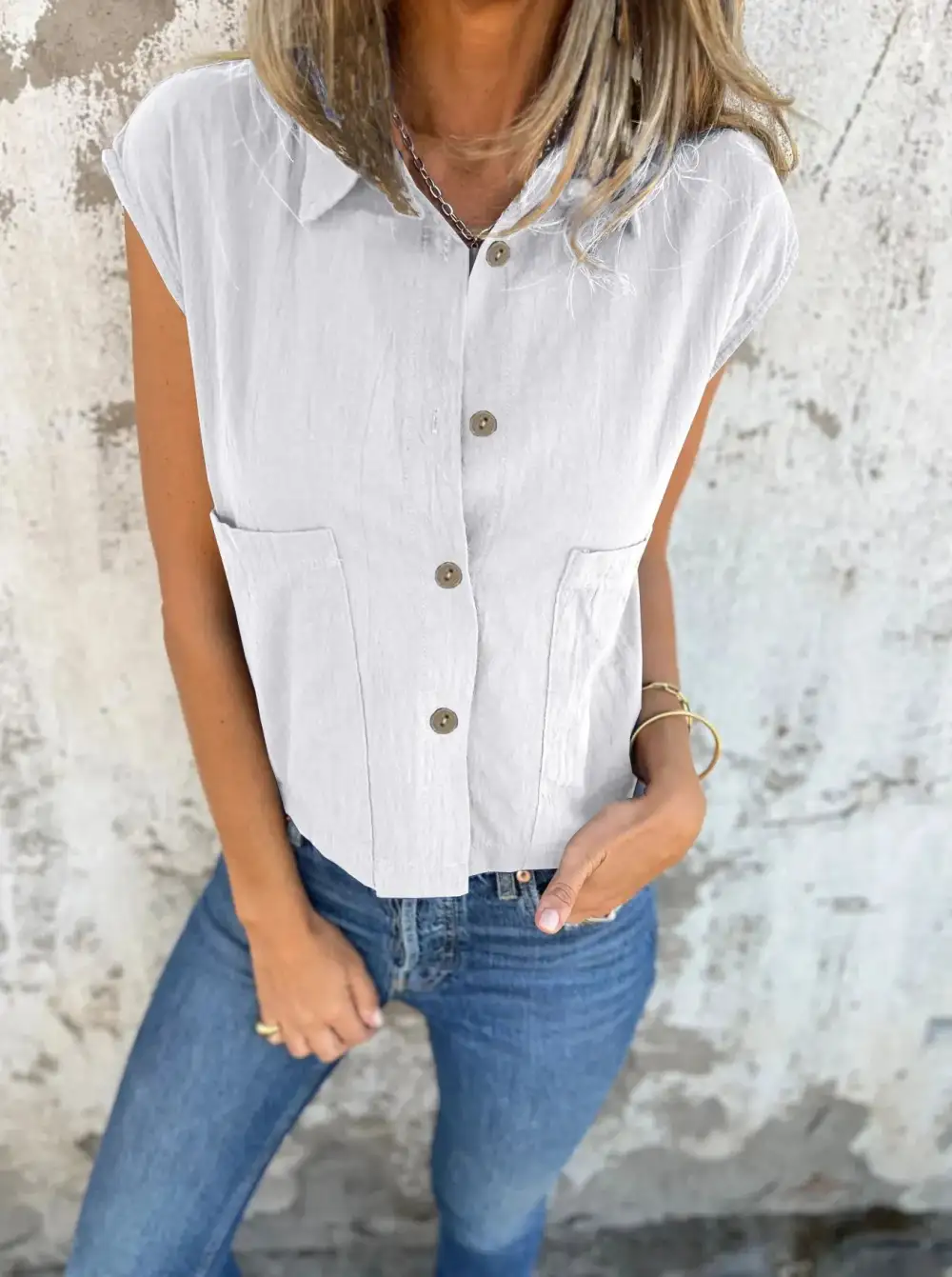 Plus Size Button Down Cap Sleeve Linen Shirt