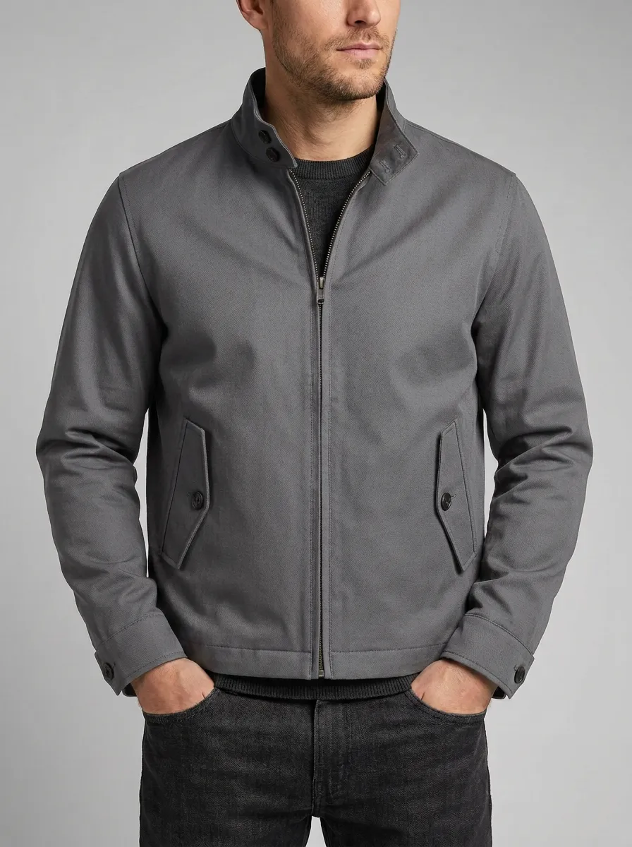 Men's Casual Minimalist Navy Blue Zip-Up Harrington Jacket