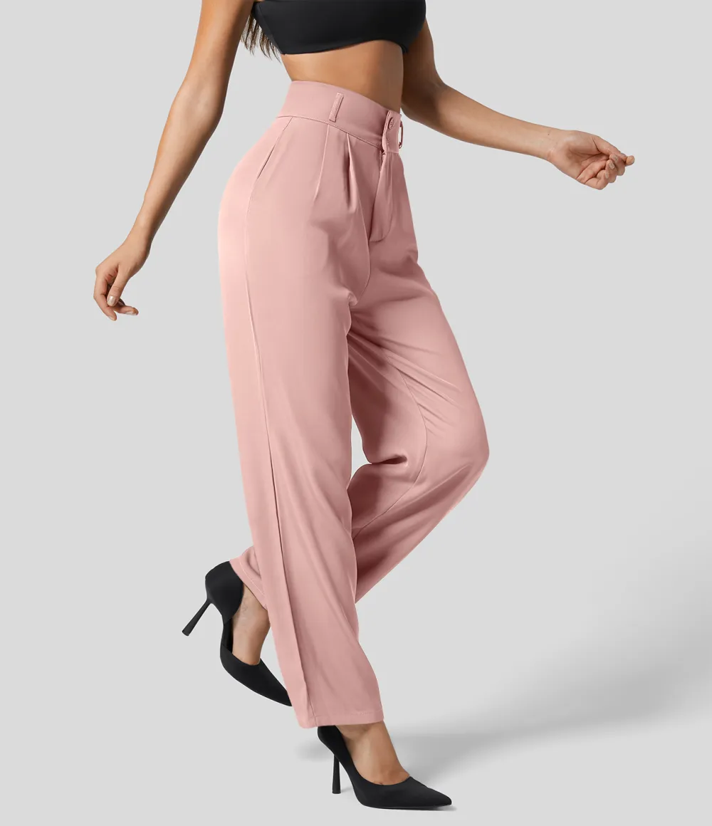 High Waisted Button Zipper Plicated Side Pocket Shirred Straight Leg Work Pants