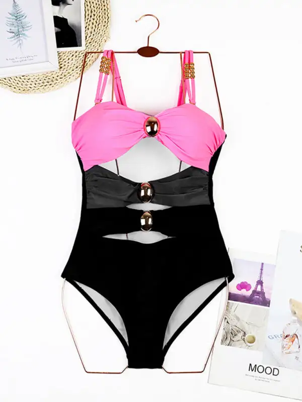 Blocked Pattern Wrap Skirt Swim Dress