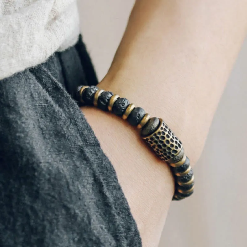 Vintage Lava Rock Beads Copper Bracelet