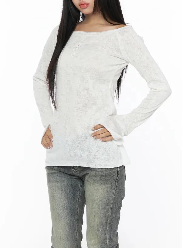 Sheer Boat Neck Embroidered Long Sleeve Top
