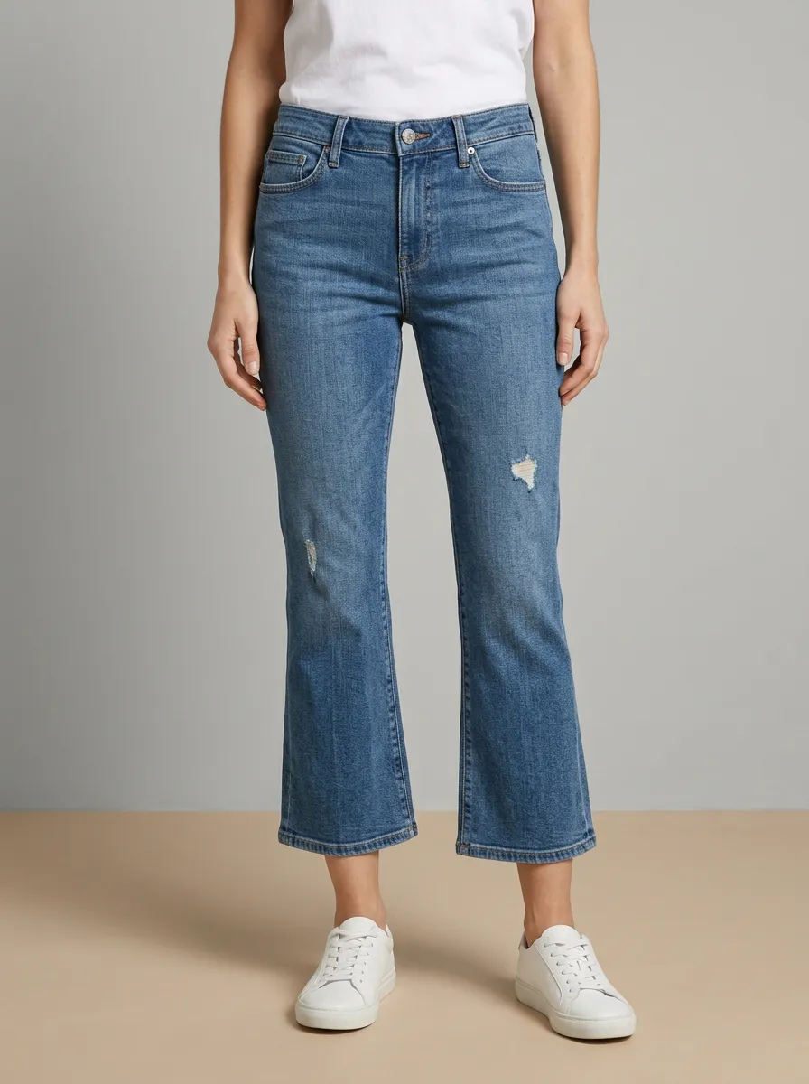 Women's High-Rise Thigh-Distressed Cropped Kick-Flare Jeans