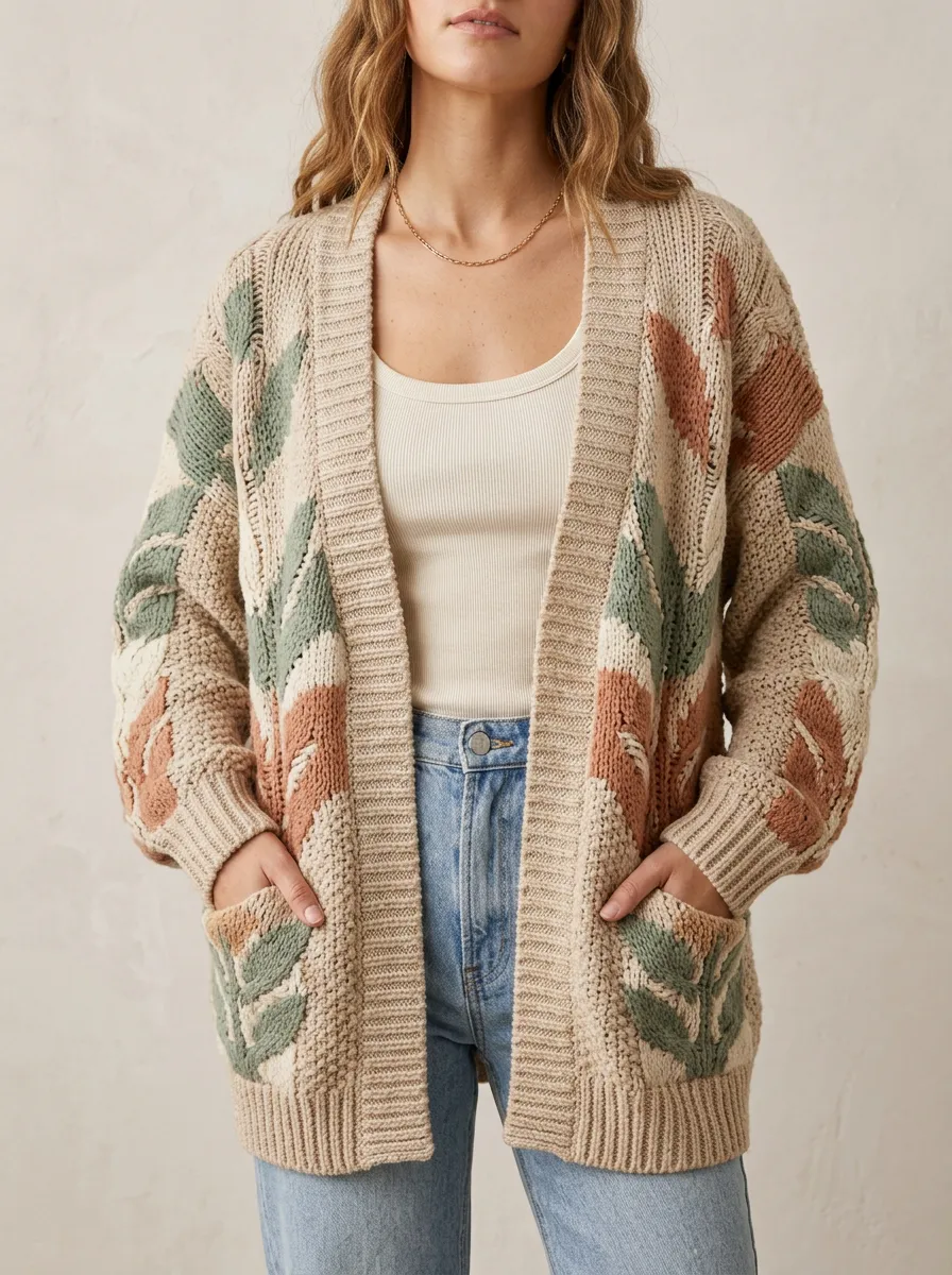 Women's Leaf Motif Chunky Knit Cardigan
