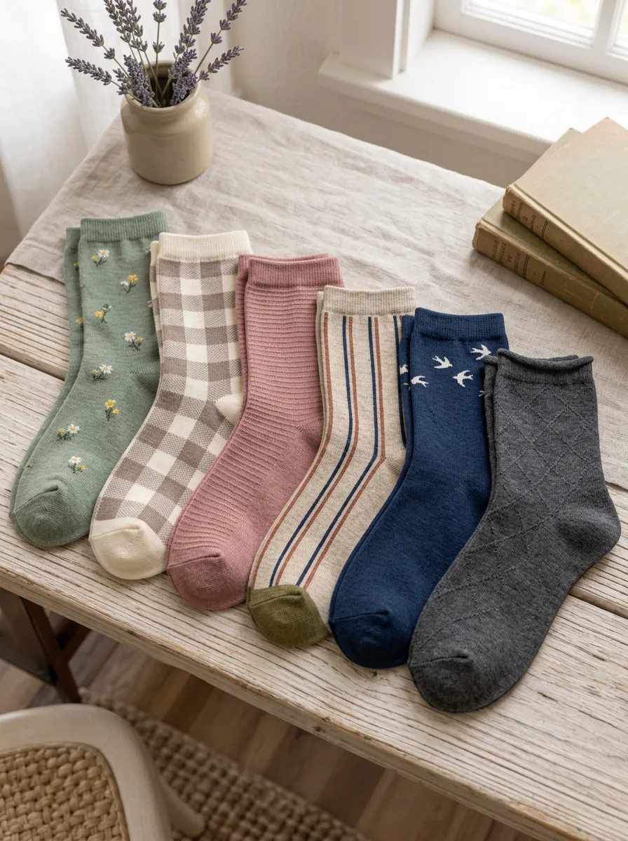 Women's Vintage Floral Plaid Striped Bird Printed Socks 6-Pack