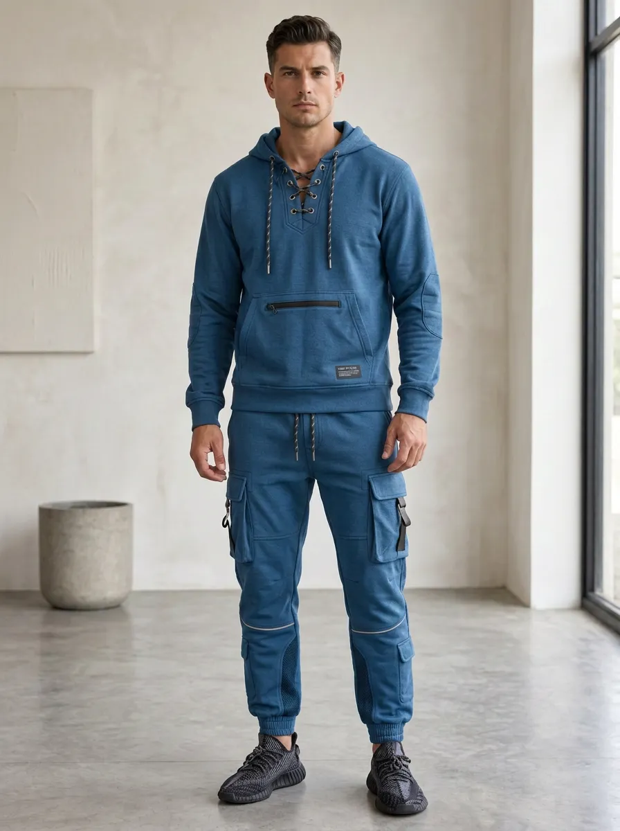Resort-Inspired Lace-Up Multi Pocket Detail Men's Lace Up Hoodie And Cargo Jogger Set