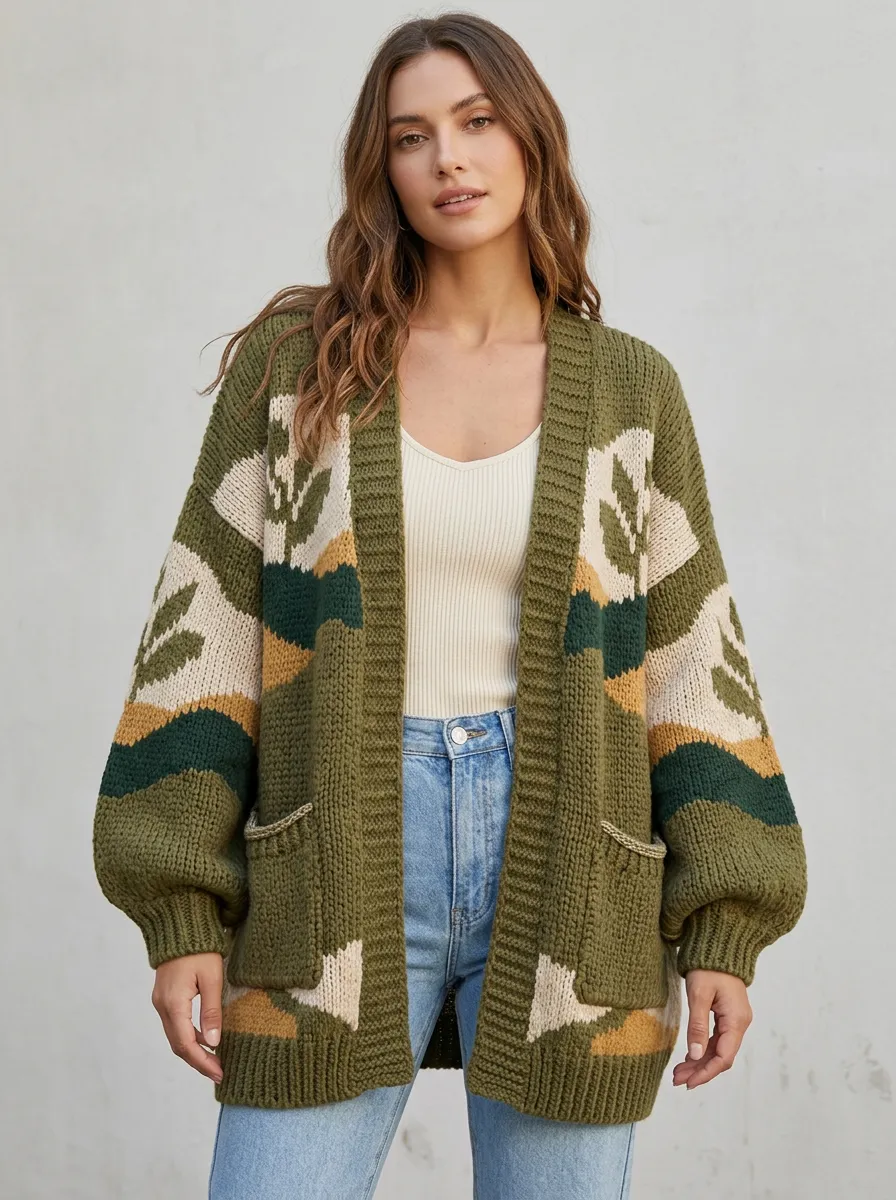 Women's Botanical Intarsia Knit Cardigan
