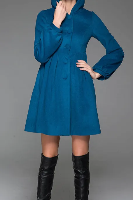 Wool Fit and Flare Hooded Single Breasted Lantern Sleeve Coat