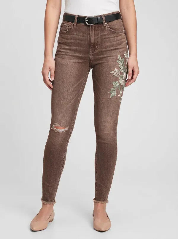 Women's Floral Embroidery Ripped Hem Printed Slim Jeans