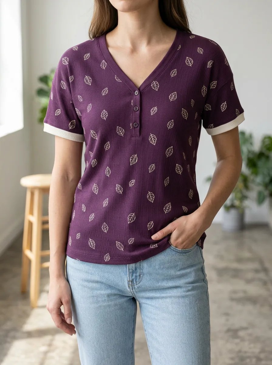Women's Nature Lover Leaf Pattern Printed V-Neck Button T-Shirt