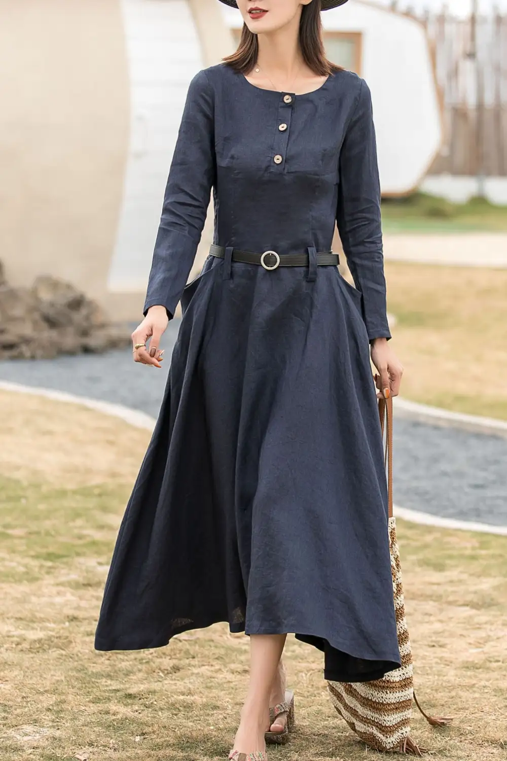 Clean Line Linen Long Sleeve Maxi Dress