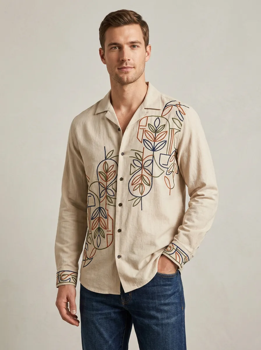 Men's Boho Inspired Floral Abstract Embroidered Linen Long Sleeve Shirt