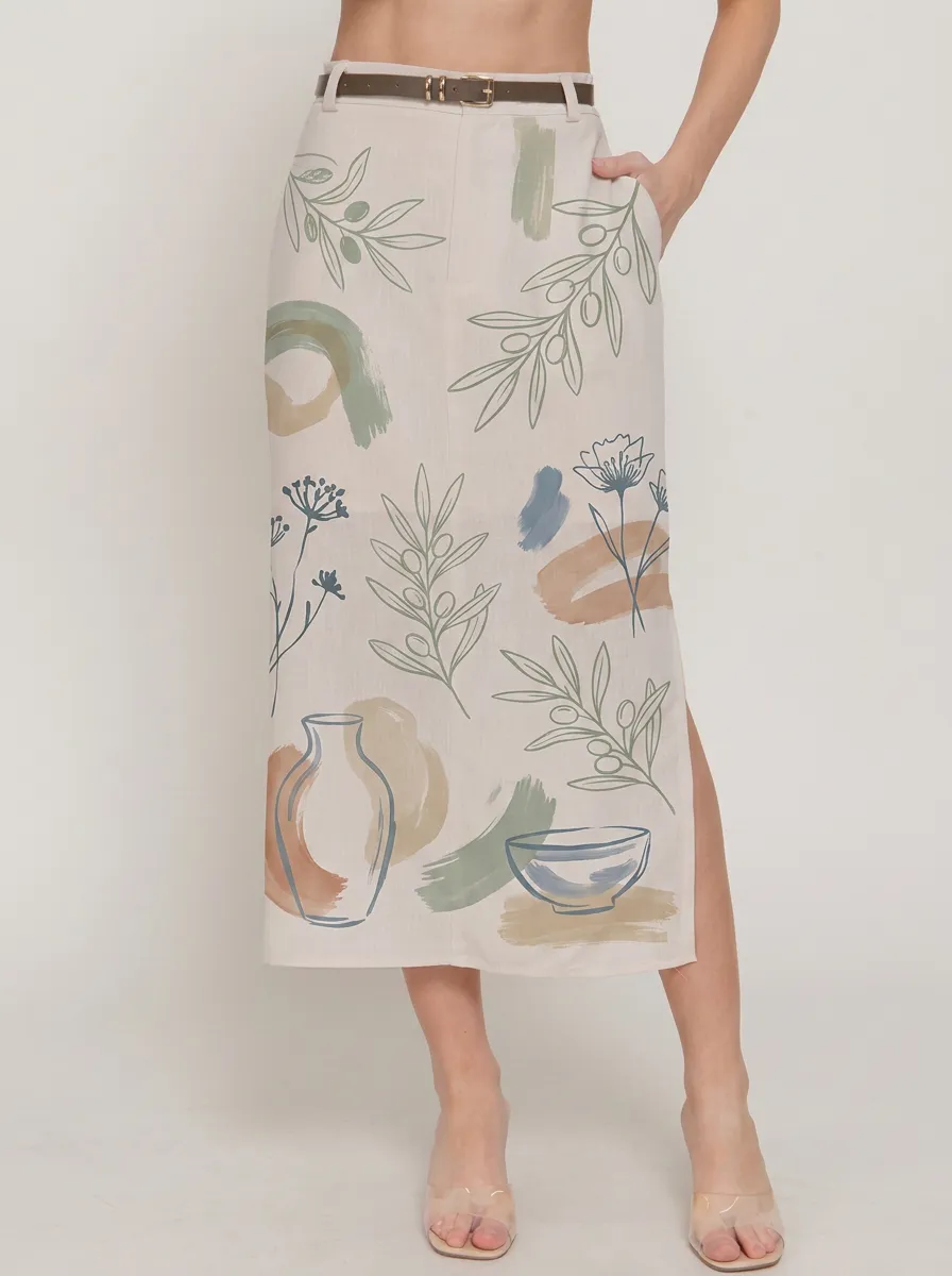 Women's Boho Botanical Vase Abstract Printed Midi Skirt