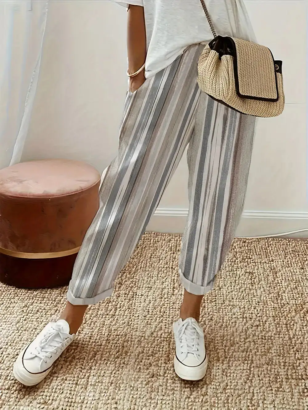 Striped Pocketed Casual Everyday Pants