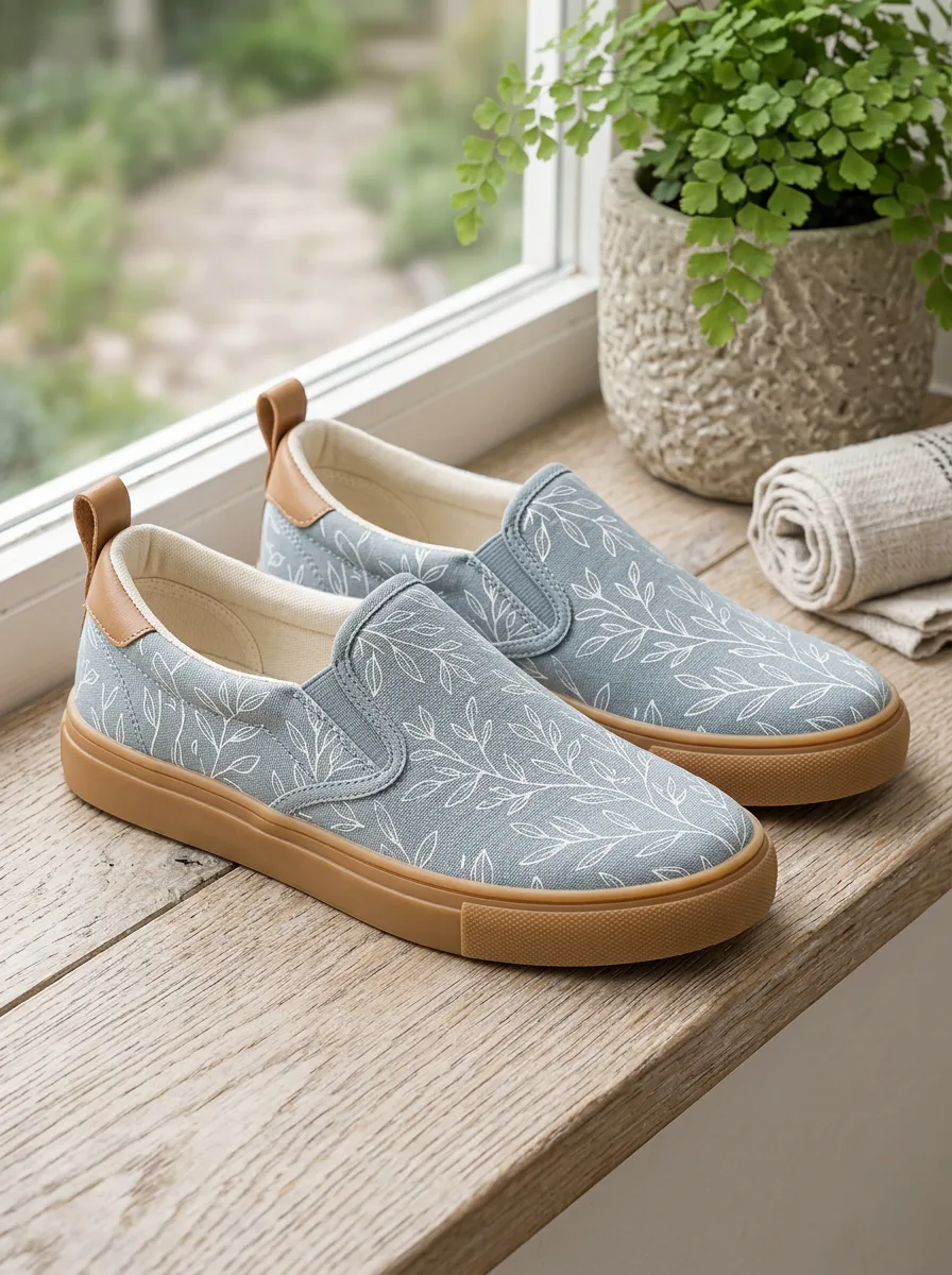Women's Botanical Nature Lover White Leaf Printed Slip-on Shoes