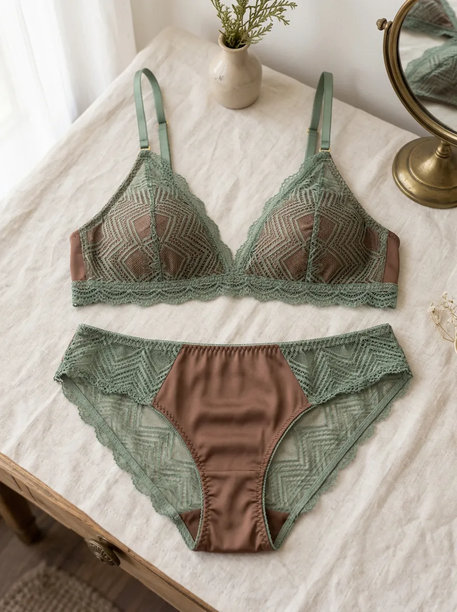 Women's Geometric Lace Trimmed Mocha Lingerie Set