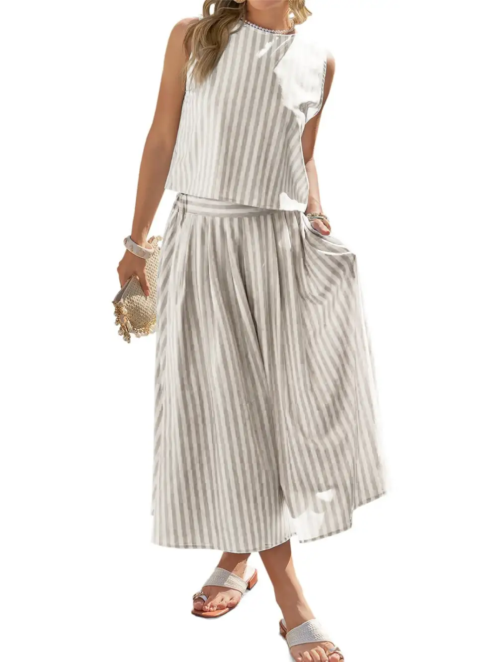 Natural Button Front Sleeveless Detail Coordinated Set