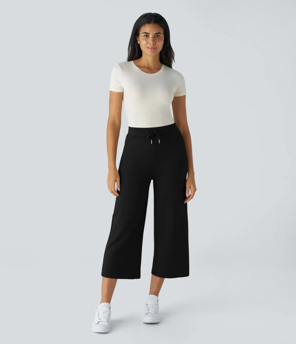 High Waisted Drawstring Capri Work Wide Leg Pants