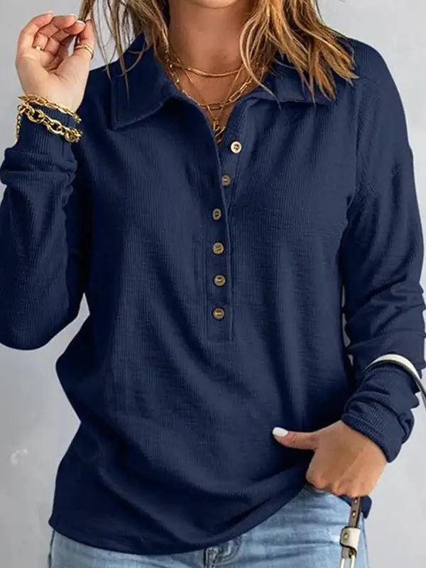 Long Sleeve Relaxed Button Detail Panel Detail Lapel T-Shirt
