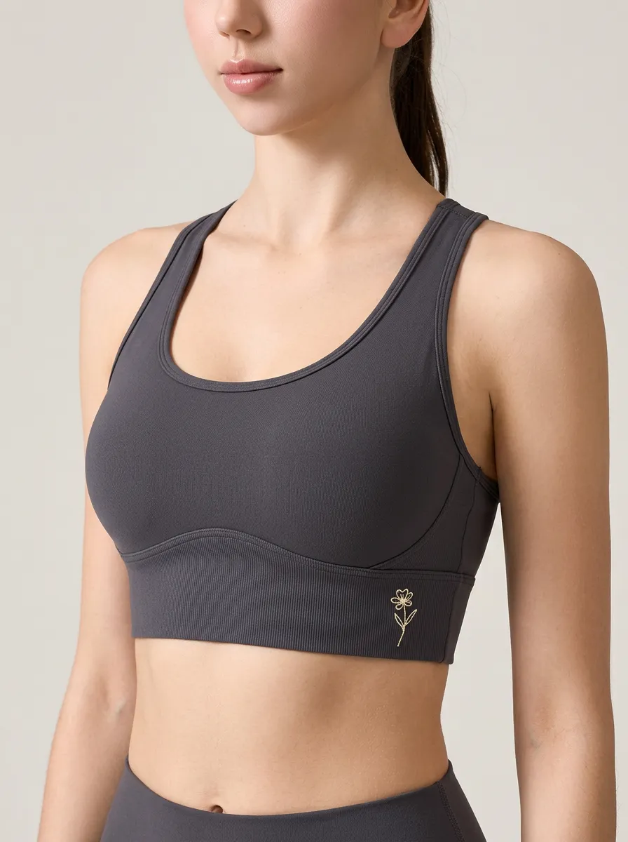 Women's Floral-Embroidered Scoop-Neck Racerback Ribbed Wide-Band Sports Bra