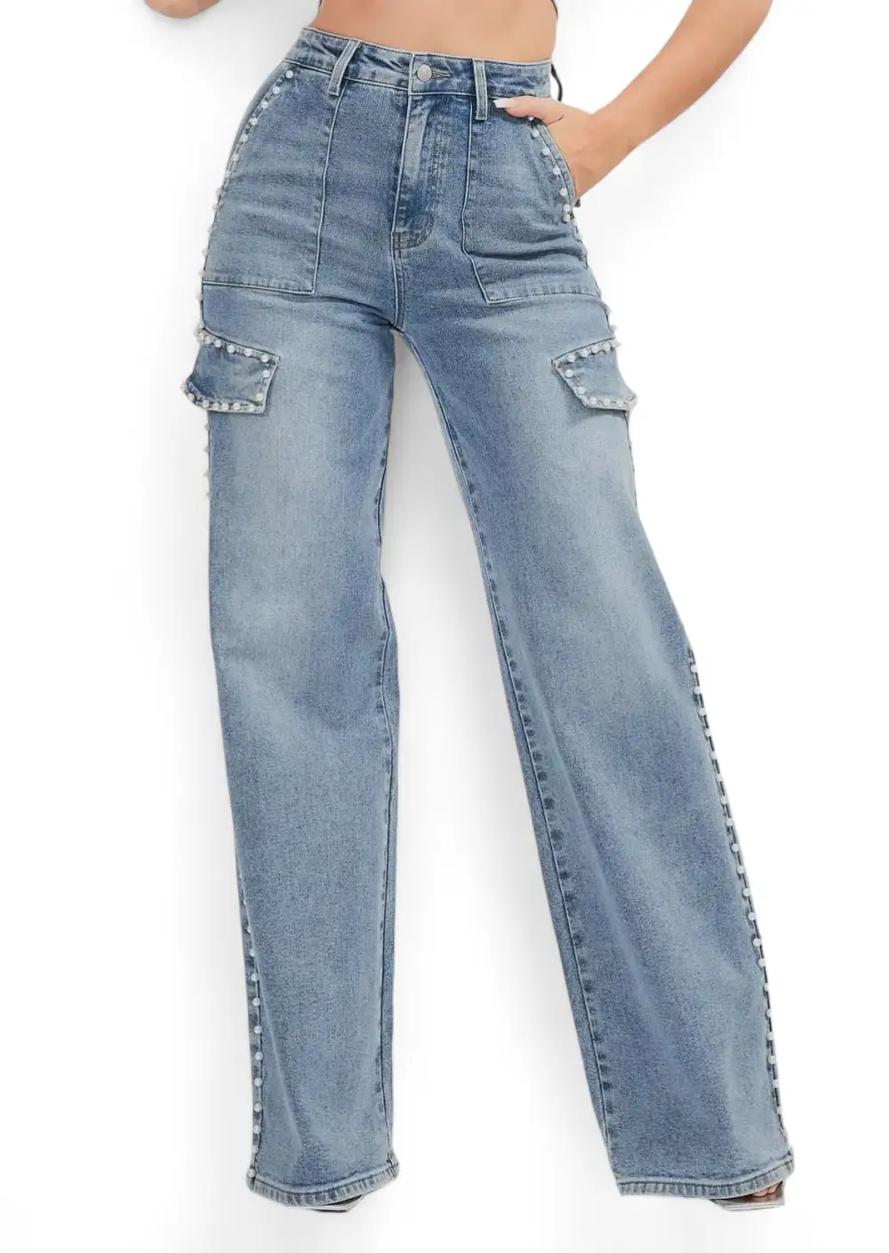 Denim Wide-Leg Cargo Jeans