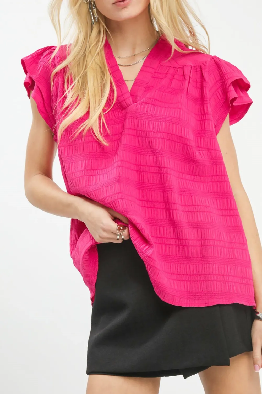 Textured Ruffle Flutter Sleeve Split Neck Top