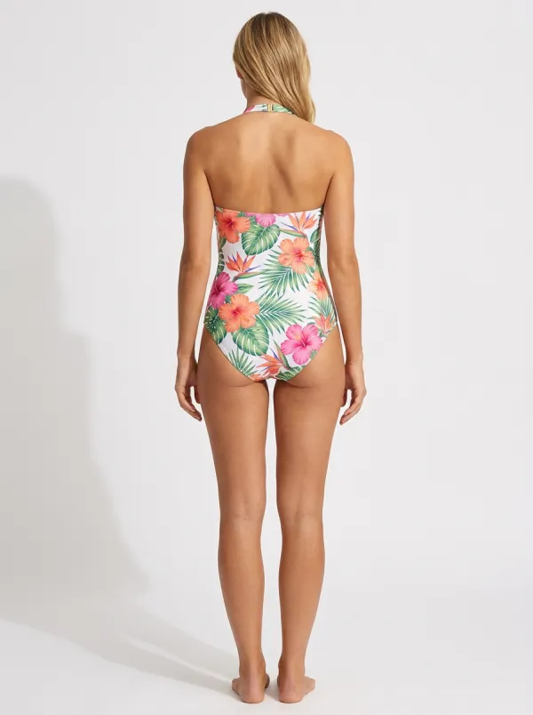 Women's Halter Hibiscus Printed One-Piece Swimsuit
