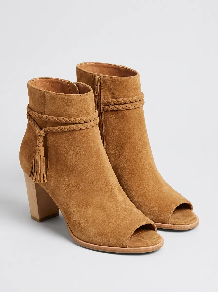 Tassel-Detail Boho-Inspired Suede-Look Women's Peep-Toe Ankle Boots