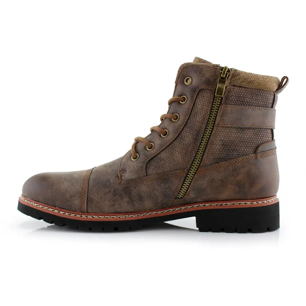Faux-Leather Burnished Lace-Up Combat Boots
