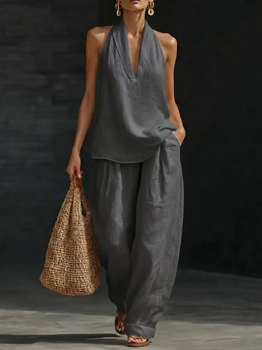 Halter Neck Top and Wide Leg Pants Set