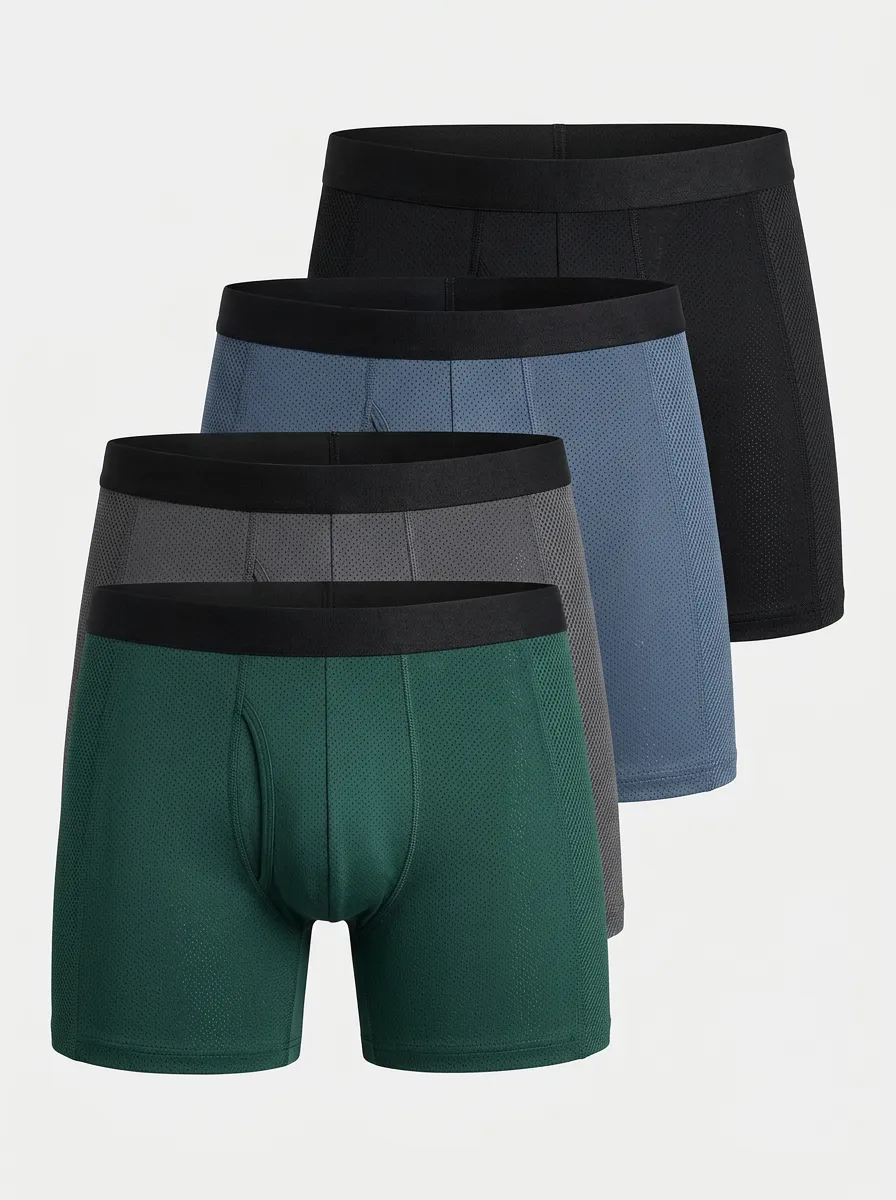 Men's Four-Pack Breathable Mesh Multi-Color Solid Printed Boxer Briefs
