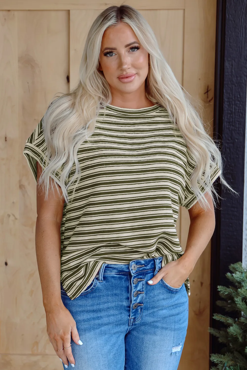 Brown Stripe Textured Side Slits Tee